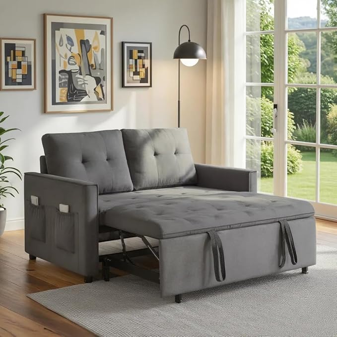 Sofa Bed Pull Out Couch with Side Pockets 3 in 1 Velvet Fabric Loveseat Sleeper Sofa Bed Pull Out Couch with Adjustable Backrest for Living Room Bedroom Apartment Gray 53 Inch