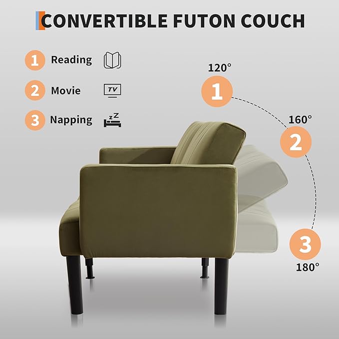 75.5” Convertible Futon Sofa Bed Linen Flannel Small Couch Sofa with Wood Legs &amp 700lbs Capacity Adjustable Folding Loveseat Mid Century Modern Futon Couch Cozy Couches for Living Room - Green