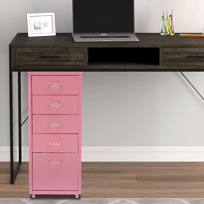 Metal File Storage CabinetSide Storage OrganizerFreestanding Storage UnitMetal Garage Storage DrawerStorage Cabinet with 5 Drawers and Wheels for OfficeHomeSchoolPink11 * 16.1 * 27.1in