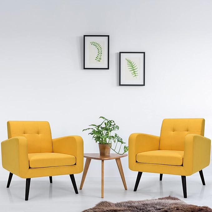 S AFSTAR Modern Upholstered Armchair Mid-Century Fabric Accent Chair with Rubber Wood Legs Leisure Lounge Chairs Living Room Furniture (2 Yellow)