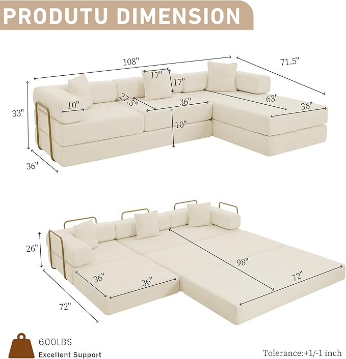 108 W Corduroy Modular Cloud Couch with Fixed-Shape Frame Oversized L-Shaped Sectional Sleeper Sofa Bed with Pull Out Bed No Assembly Modern Floor Boneless Couch for Living Room (Beige)