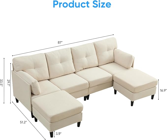 PUREMIND Sectional Home Sofa Living Room Modern U-Shaped Sofa Couches with Double Chaise Upholstered 4 Seater Sofa for Living Room Apartment Beige
