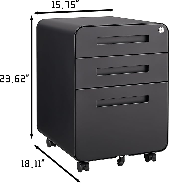 3 Drawer Mobile File Cabinet Under Desk Office Versatile Storage Cabinet for Legal/Letter/A4 Files 5 Wheel Design Anti-Tilting Cold Rolled Steel Lockable with Removable Pencil Tray (Black)