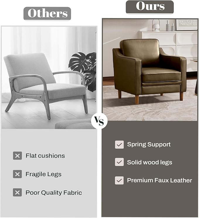 Kingfun Accent Chair Living Room Chairs Faux Leather Reading Armchair Mid Century with Solid Wood Foot Upholstered Modern Decor for Bedroom Apartment Green