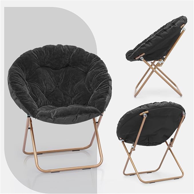 Round Saucer Chair for Teens and Adults Faux Fur Folding Living Room Cozy Moon Chairs Set of 2 (Black)