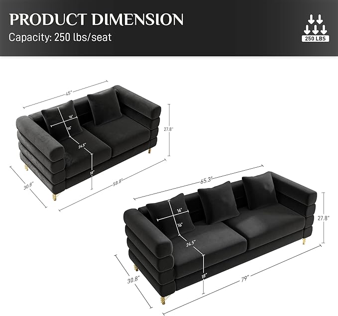 OUYESSIR Living Room Sofa Couch and Loveseat Set Modern Comfy Velvet Deep Seat Cloud Couch with 5 Pillows Oversized Sofa Furniture Sets for Living Room Bedroom Jet Black Velvet