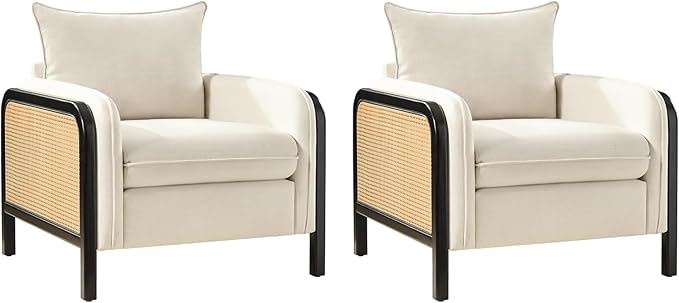 HULALA HOME Woven Rattan Armchair Modern Accent Chair with Wood Armrest and Legs for Living Room Bedroom Makeup Room Detachable Cushion &amp Upholstered Set of 2 Natural