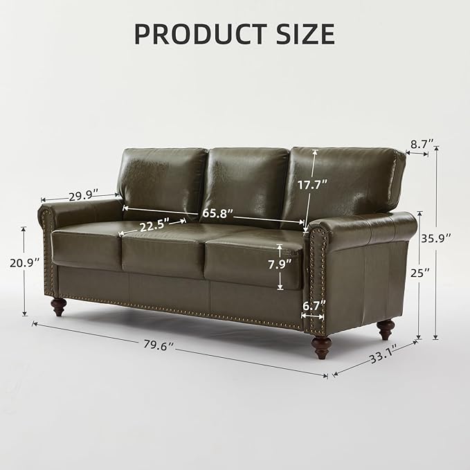 80 Faux Leather Sofa with Storage Mid-Century Modern Rolled Arm Couches for Living Room Furniture Easy Tool-Free Assembly Nailhead Trim(Dark Green)