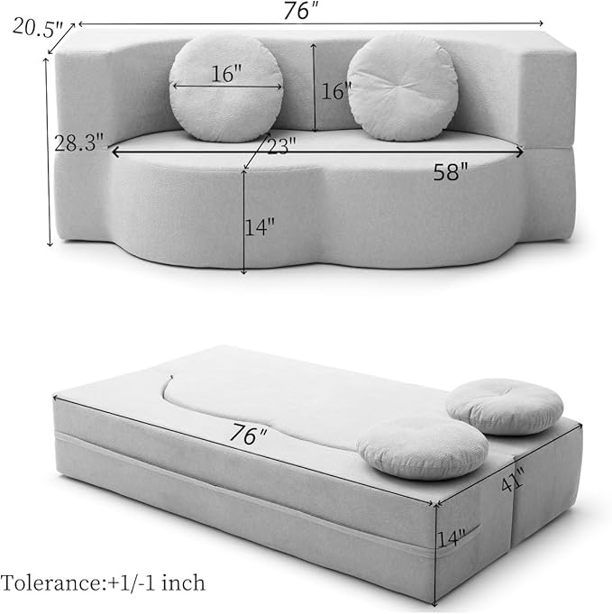King Size Sofa Bed 76 Inch Convertible Futon Boneless Couch 2-in-1 Loveseat Sleeper Sofa with 2 Pillow Modern Velvet Fabric Floor Couch Bed for Living Room No Assembly Required (Orange)