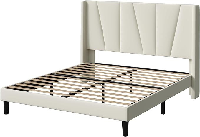 Allewie Full Size Platform Velvet Bed Frame with Geometric Wingback Headboard Boho Upholstered Bed with Wooden Slats Support No Box Spring Needed Easy Assembly Cream