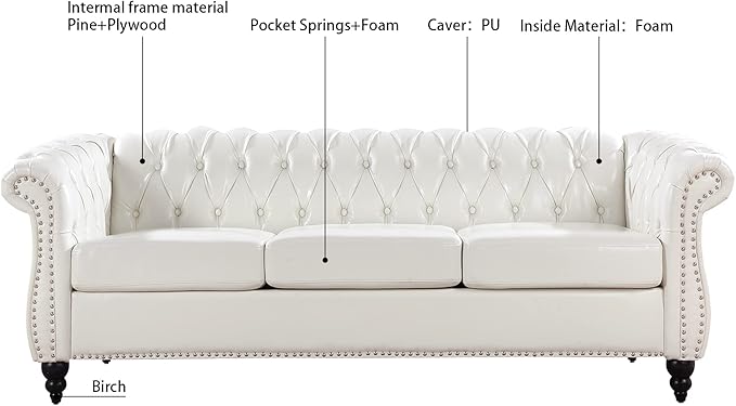 GDFStudio 85 Tufted Button Chesterfield Sofa with Deep Seat Cushions Rolled Arms &amp Gold Accent Strip 3-Seater Midcentury Modern Sofa for Living Room Classic Couch Furniture White + PU