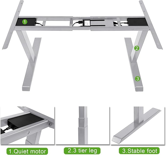 Fromann Dual Motor Standing Desk Frame 3 Tier Legs Sit Stand up Electric Height Adjustable Desk Base for Home and Office (Grey)