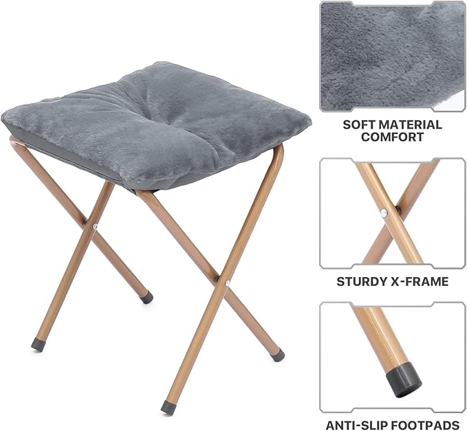 MoNiBloom Square Folding Faux Fur Saucer Chair for Bedroom Living Room Dorm Foldable Metal Frame Oversized Large Comfy Furry Padded Soft Cozy Moon Chair with Footrest Ottoman for Adults (Gray 2 Set)