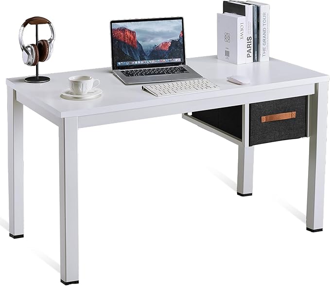 White Computer Desk with Drawer 47 Inch Home Office Work Desks Modern Writing Study PC Desk Gaming Table for Small Place Bedroom Thickened Tabletop and Stable Metal Frame Leg Support
