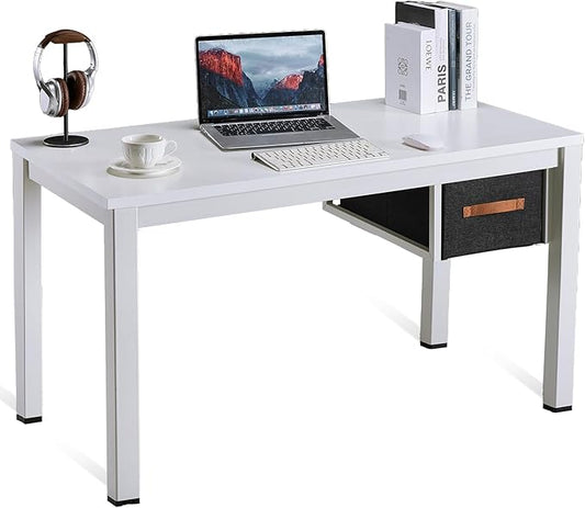 White Computer Desk with Drawer 47 Inch Home Office Work Desks Modern Writing Study PC Desk Gaming Table for Small Place Bedroom Thickened Tabletop and Stable Metal Frame Leg Support
