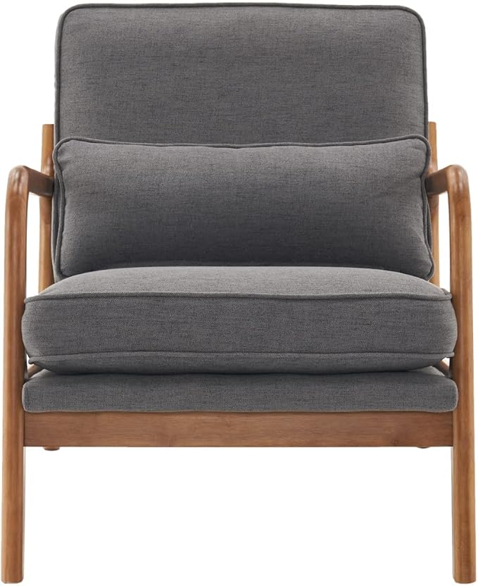 Accent Chair Mid-Century Linen Fabric Upholstered Leisure Armchair with Lumbar Pillow and Solid Wood Legs Comfy Single Sofa Chair Reading Chair for Living Room Bedroom Office Dark Grey