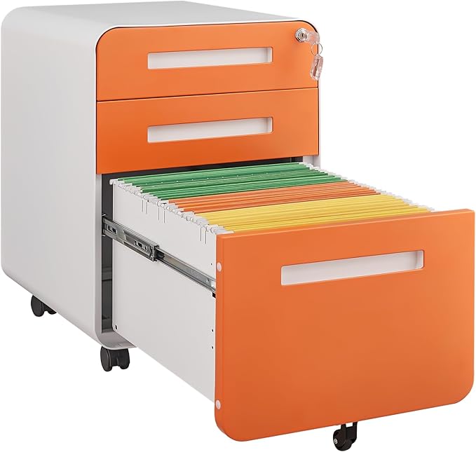GarveeHome 3 Drawer Mobile File Cabinet with Lock Under Desk Metal Filing Cabinet for Home Office Under Desk Storage with 5 Wheels for A4/Letter/Legal Size Fully Assembled