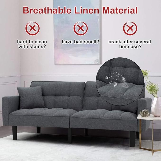 ECOTOUGE Futon Sofa Bed 74 Convertible Sofa Bed with Adjustable Backrest Modern Linen Fabric Loveseat Sleeper Sofa with 2 Pillow &amp Side Pockets Futon Couch for Living Room Bedroom Office Grey