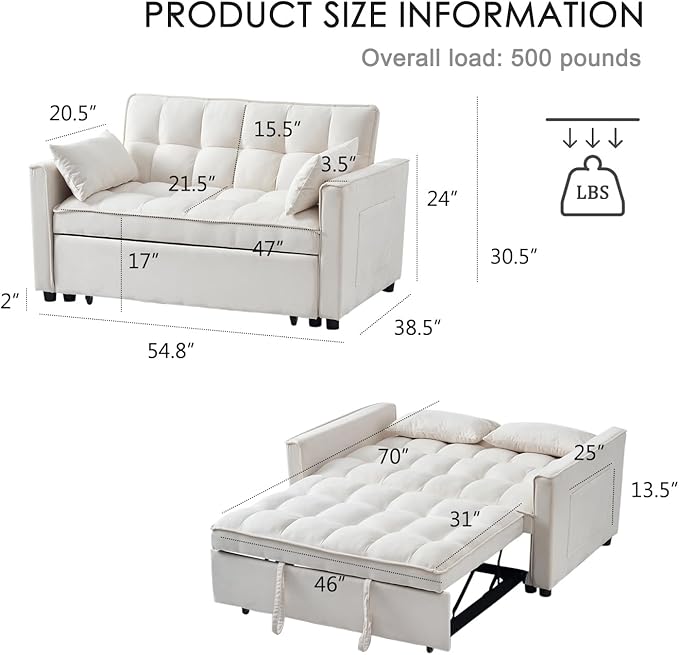 Futon Sofa BedModern 3 in 1 Convertible Sleeper Sofa Pull Out Couch Bed with Adjustable Backrest Storage Pockets and Toss Pillows for Living Room Bedroom (Beige)
