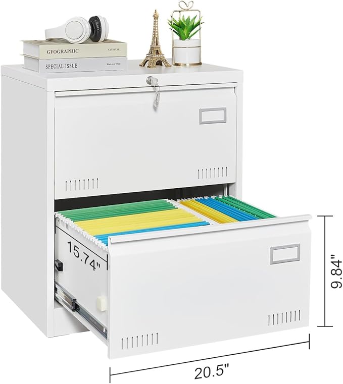 Metal Lateral File Cabinet with 2 Drawers Office Filing Storage Locking Cabinet for Home Office Heavy Duty Office Storage Cabinet for Legal/Letter/A4/F4 Size (Require Assembly) (White)
