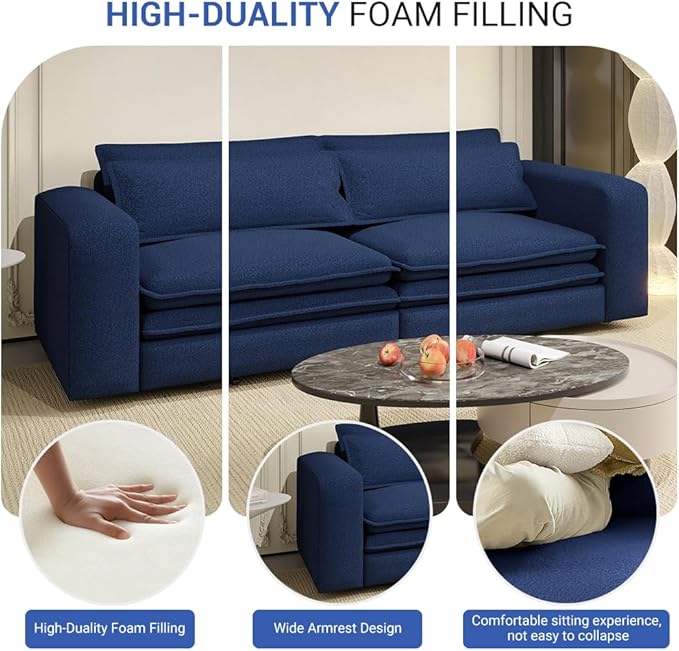 93King Size Pull Out Sofa Bed 3-in-1 Teddy Convertible Sleeper Sofa with Ultra Wide Armrests Tufted Modern Sofa with 2 Lumbar Pillows for Bedroom Living Room Apartment (Blue 93inch)