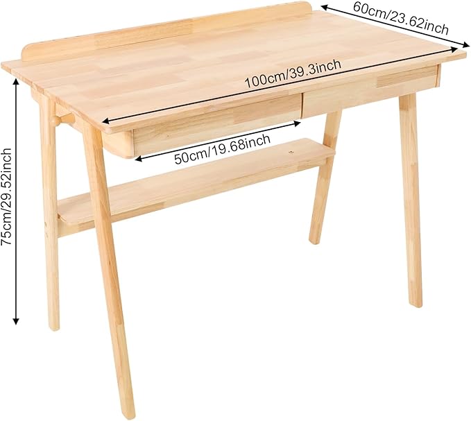 Eapmic Solid Wood Writing Desk Computer Table Study Desk with Drawers Small Space Home Office Workstation Freestanding Wooden Study Table for Bedroom Apartment Dorm Minimalist Design (BurlywoodB)