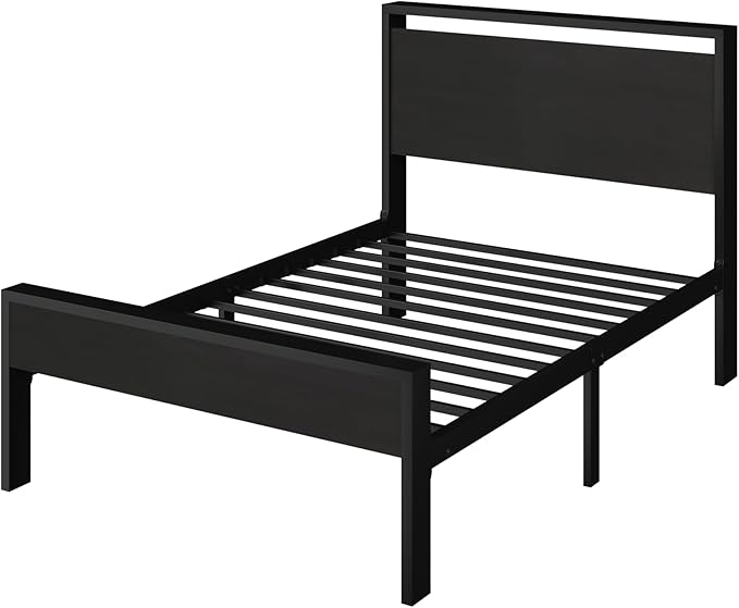SHA CERLIN 14 Inch Twin Size Metal Platform Bed Frame with Wooden Headboard and Footboard Mattress Foundation No Box Spring Needed Large Under Bed Storage Heavy Duty Slats Support Black Oak