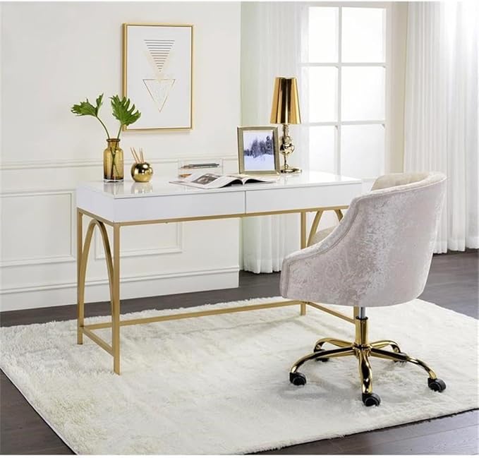 Pemberly Row Lightmane Wooden Top Writing Desk 50 W x 30 D x 31 H White High Gloss Finish with Gold Metal Legs 2 Storage Drawers Rectangular Computer Desk for Home Office
