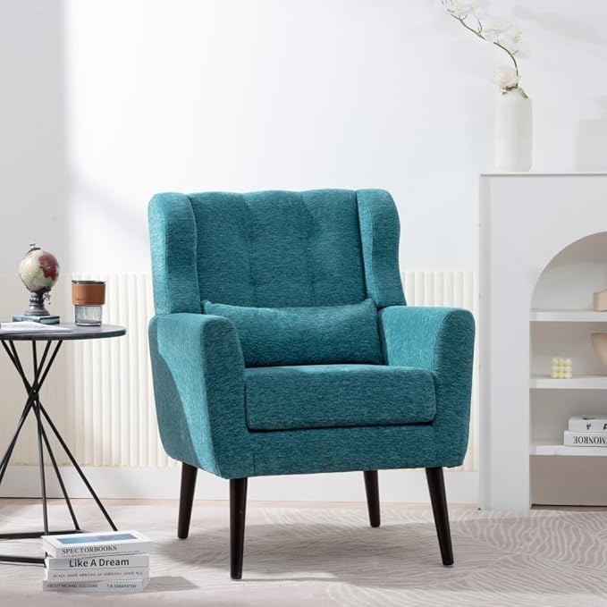 Modern Accent ChairChenille Arm Chairs for Living RoomUpholstered Mordern ArmchairComfy Soft Padded Lounge Chair in Small Space Bedroom w/Pillow Solid Wood Leg (Teal + Chenille)