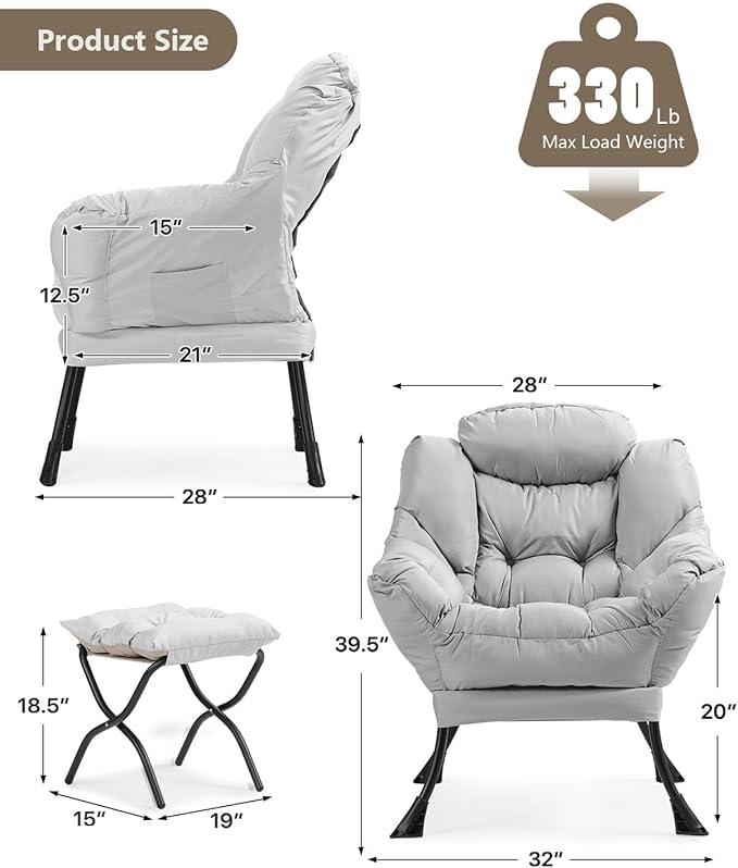 Living Room Chair with Ottoman Modern Lounge Accent Chair with Armrests and a Side Pocket Leisure Upholstered Sofa Lazy Chair Reading Chair with Footrest for Small Space (Gray)
