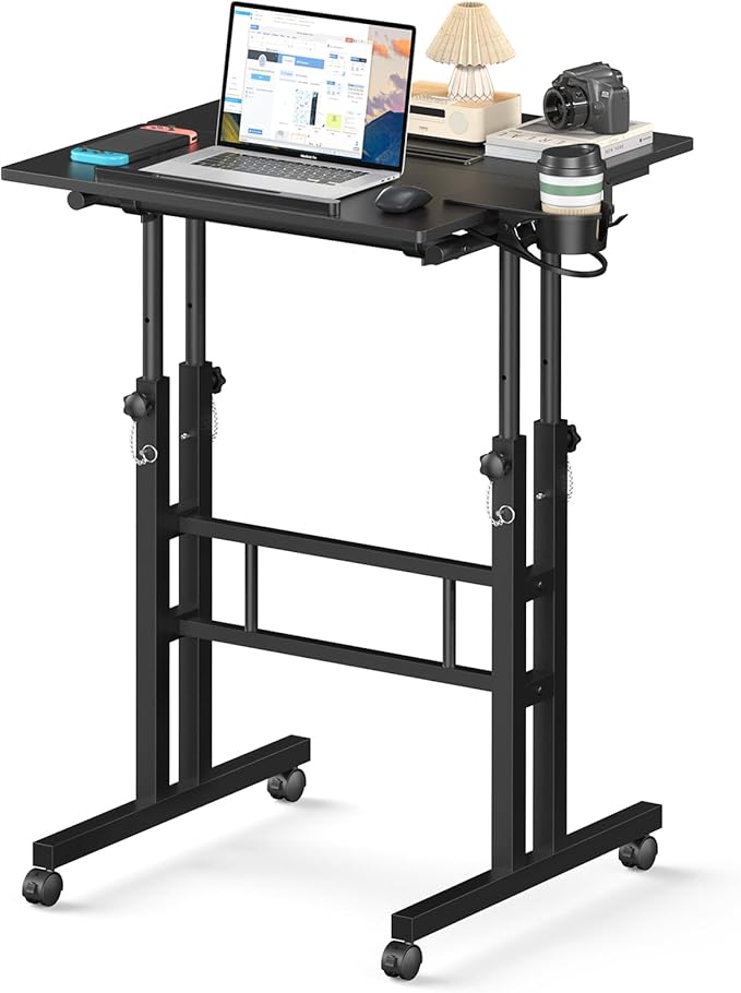 Small Standing Desk with Wheels Mobile Stand Up Desk Portable Standing Table on Wheels for Walking Pad Rolling Computer Desk Adjustable Height Tall Table
