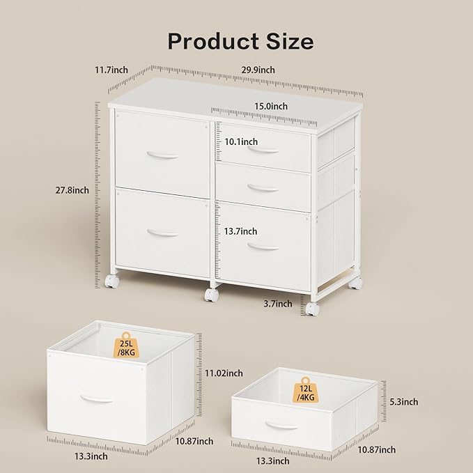 Lateral File Cabinet with 5 Drawers Rolling Filing Cabinets Under Desk Storage Printer Stand with WheelsMobile File Cabinet for Home OfficeWhite