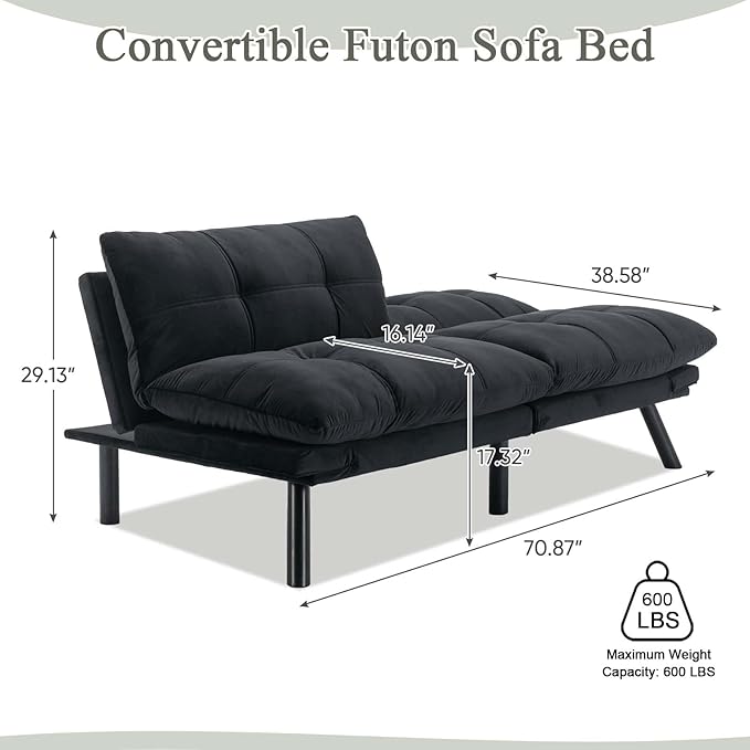 Convertible Velvet Futon Sofa Bed Comfy 72 L Sleeper Couch with Thicker Cushion Upholstered Modern Reclining Loveseat Folding Sofa for Small Living Room Dorm Apartment Office Deep Black