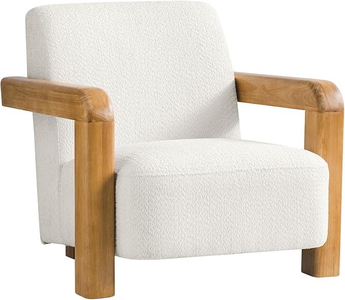 HULALA HOME Boucle Accent Chair Modern Low-Profile Leisure Armchair with Thick Padded Seat Cushion Solid Wood Frame &amp Curved Armrests Ideal for Living Room/Bedroom/Reading Corner(Ivory)