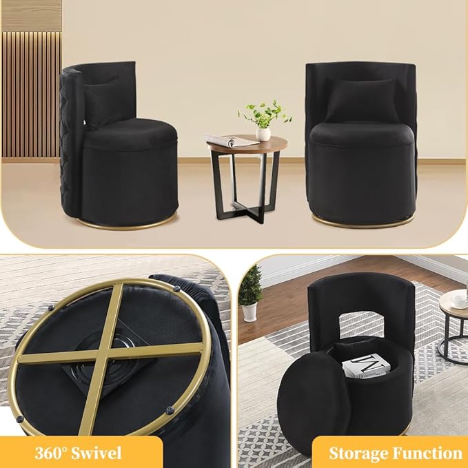 Swivel Accent ChairVelvet Round Storage Sofa Club Upholstered Barrel Modern Arm Chair for Nursery Living Room Hotel Bedroom Office Lounge Hotel Office (Black)