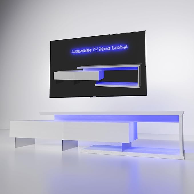 Extendable TV Stand for 65 75 85 Inch TV Relief Surface Entertainment Center with Light String Equipped with Two Pull-Down Door 60 70 80 90 Inch TV Console TV Table for Living Room White