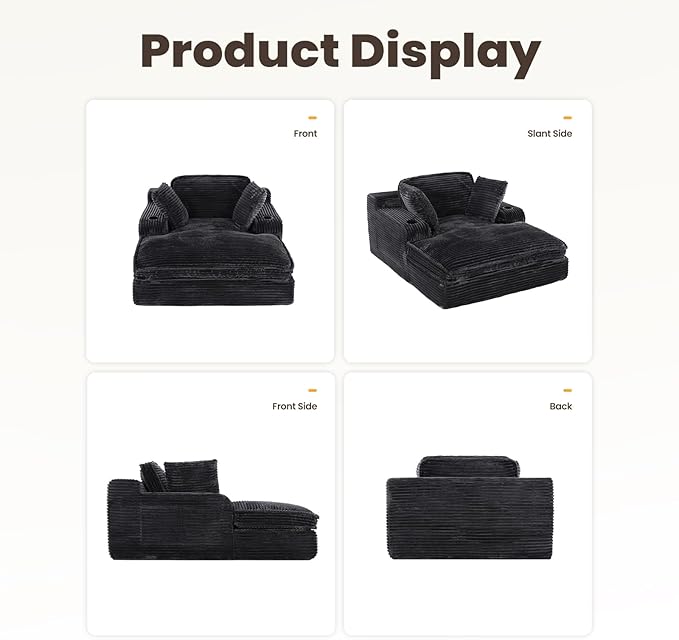 67 Chaise Lounge Chair Indoor Cozy Oversized Fluffy Sofa with Cup Holders &amp Throw Pillows Boneless Sleeper Cloud Couch for Living Room Movie Room and Apartments Black