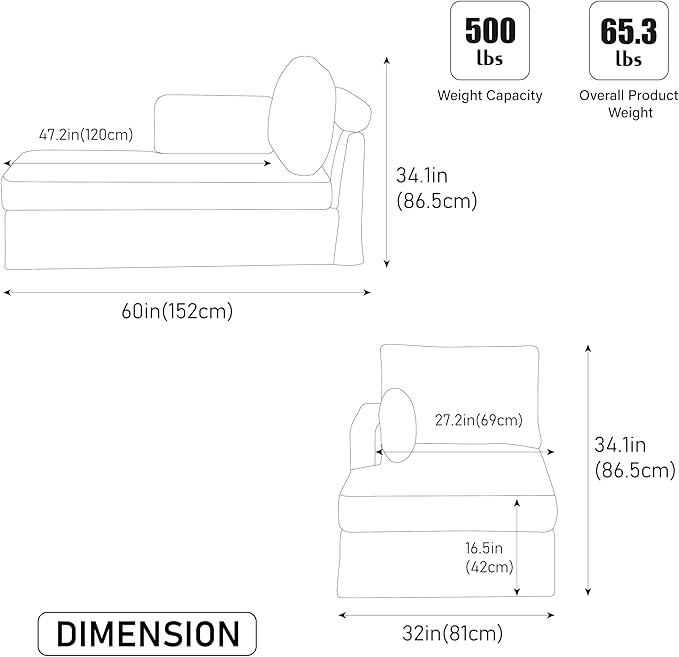 KEIKI 60 Chaise Lounge Chair Indoor Modern Deep Seat Sofa Bed Corduroy Couch with Cushions Single Sleeper Chair for Living Room Bedroom Apartments Green (Right Side)