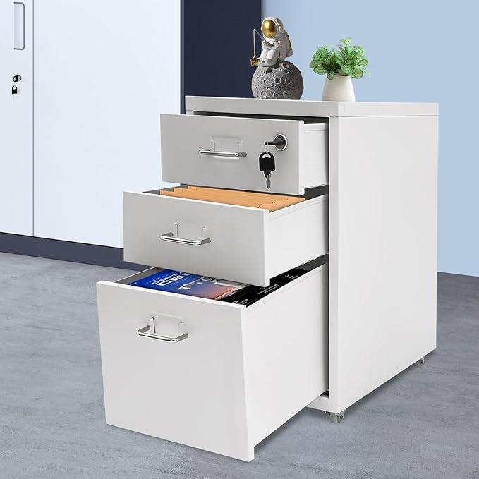 3-Tier Vertical File Cabinet Metal Mobile File Cabinet with Lock+Wheels Lockable Filing Cabinet with 2 Keys Rolling File Cabinets with Lock for Home Office (White)