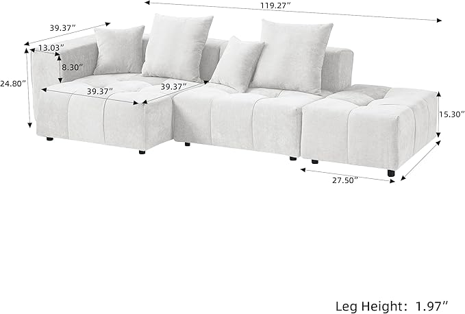 WJShome 119 Inch Cloud Couch Modular Sectional Sofa with OttomanLinen Deep Seat with Pillows Couches for Living Room Bedroom and ApartmentWhite