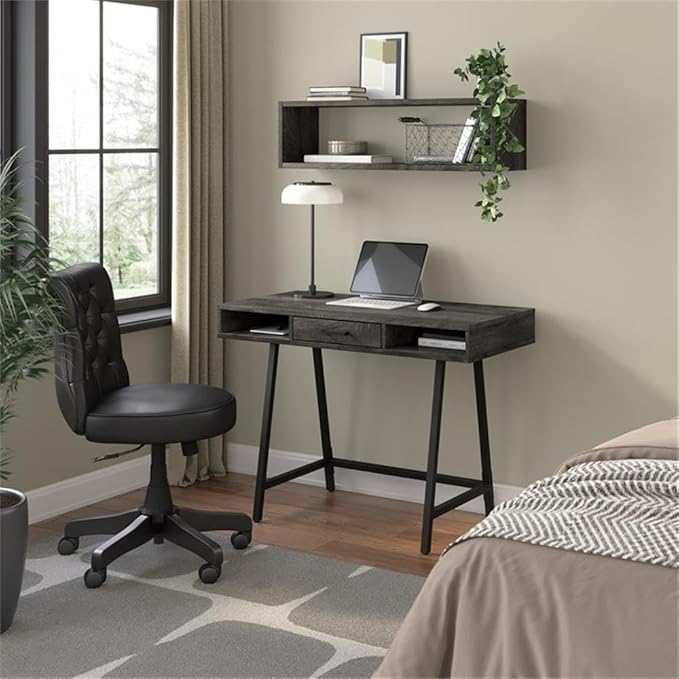 Pemberly Row 40 W Writing Desk Dark Gray Hickory Finish Engineered Wood Construction Industrial Style Box Drawer and Open Storage Compact Home Office Desk or Study Table