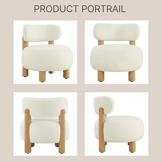 Modern Boucle Accent Chair with Plush Faux Sherpa Upholstery Curved Backrest Solid Wood Legs for Living Room Bedroom Reading Nook 27.5 White