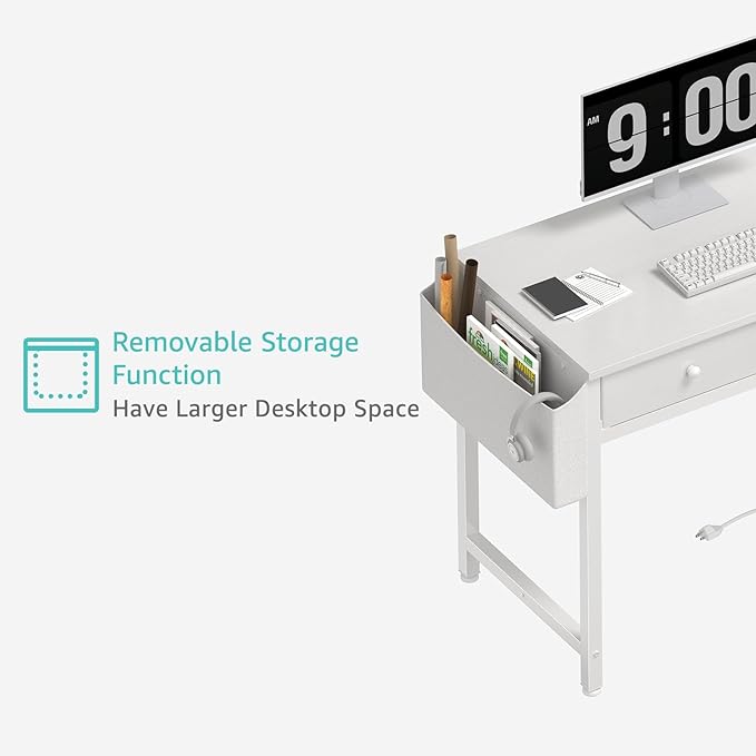 DLisiting Small White L Shaped Desk with Drawers &amp Storage Shelves 40 Inch Corner Desk with Power Outlet for Small Space Home Office Study Work PC Desks for Bedroom