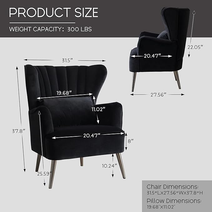 Modern Accent Chairs Set of 2 Comfy Wingback Armchair with Pillow Upholstered Shell Chair Reading Chair for Bedroom Living Room Small Spaces Black