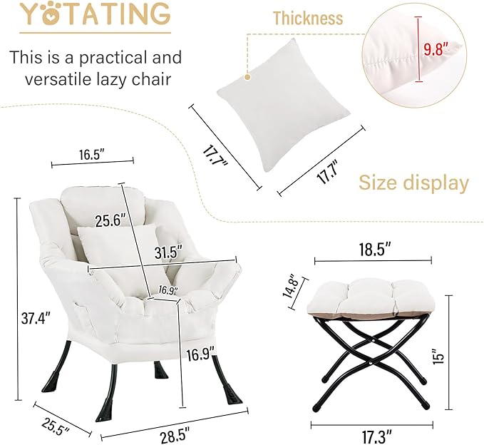 Lazy Chair with Ottoman Comfy Reading Lounge Chair with Footstool &amp Throw Pillow Modern with Armrests &amp Side Pocket for Living Room Bedroom Dorm Room Beige