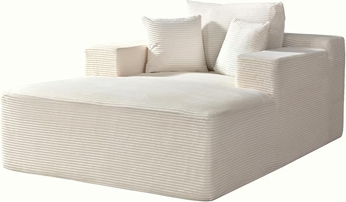 Monroe Convertible Chaise Lounge Chair Indoor – Oversized Corduroy Couch with Wide Armrest &amp Throw Pillows Cozy Boneless Sleeper Sofa Bed Armchair Beige
