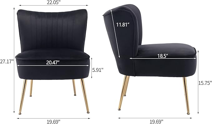 KCC Modern Velvet Upholstered Accent Chair Set of 2Mid Century Living Room Chairs with Golden LegsComfy Armless Chair Wingback Single Sofa Side Chair for BedroomBlack