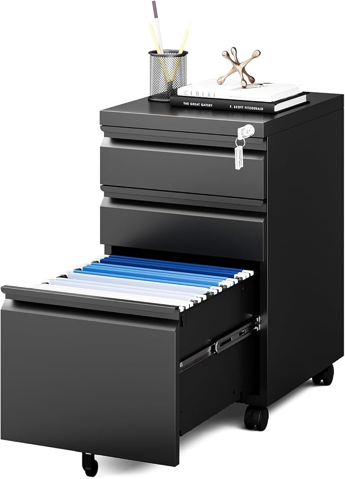 MIIIKO File Cabinet 3 Drawers on Wheels Under Desk Black Metal Rolling File Cabinets with Lock for Home Office Un-Assembled Filing Cabinet with Lock