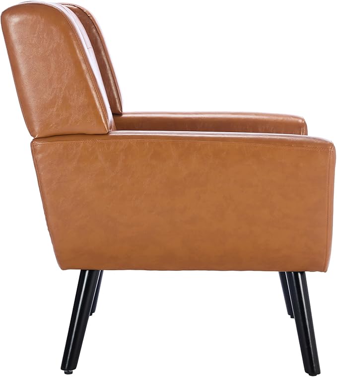 Modern Soft Leather Material Ergonomics Accent Chair Living Room Chair Bedroom Chair Home Chair with Black Legs for Indoor Home Light Brown PU