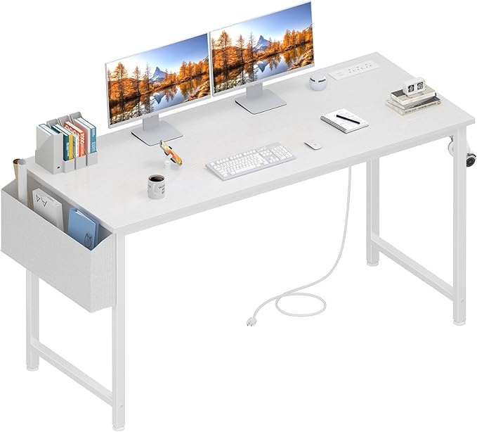 Lufeiya White Computer Desk with Power Outlet 55 inch Teen Study Table Home Office Work Writing Gaming Desks with Charging Station Outlets Built in White
